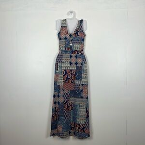 ELA Sleeveless Multicolor Maxi Dress Square V Neck Stretch Beach Elastic Casual